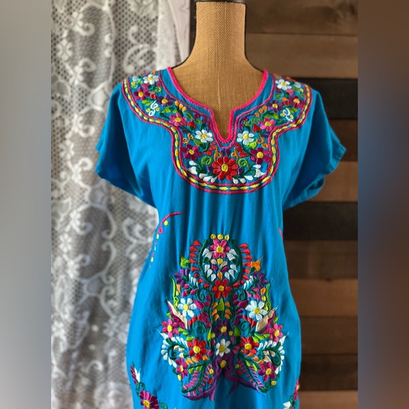 Blue Authentic Mexican Flower Embroidered Short Sleeve Midi Dress One Size - Picture 3 of 9